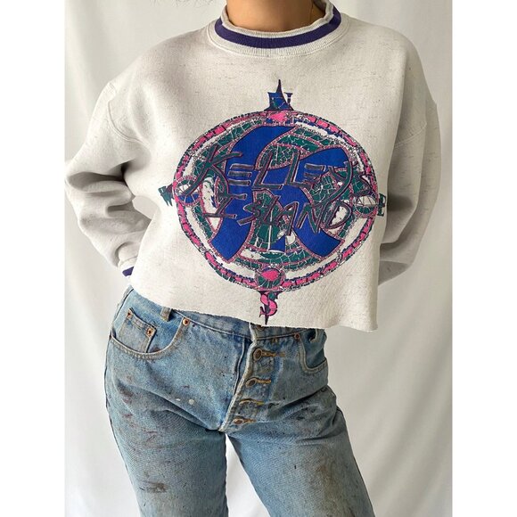 90s vintage grey kelleys island retro graphic one size cropped pullover sweater - Picture 3 of 10